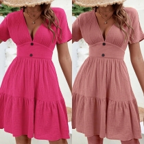 Sexy Solid Color V-neck Buttoned Cinch Waist Short Sleeve Mini Dress
