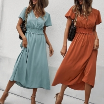 Fashion Solid Color V-neck Short Sleeve Smocked Waist Midi Dress