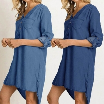 Casual Buttoned V-neck Long Sleeve High-low Hemline Denim Dress