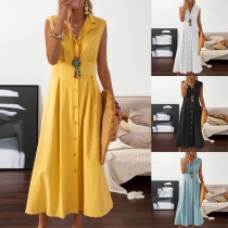 Casual Solid Color Stand Collar Buttoned V-neck Sleeveless Midi Dress