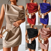 Sexy Solid Color Draped Neck One-shoulder Satin Dress