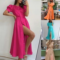 Fashion Solid Color Round Neck Short Sleeve Buttoned Slit Midi Dress