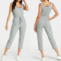 Casual Solid Color Round Neck Drawstring Waist Sleeveless Jumpsuit