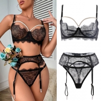 Sexy Eyelash Lace Beaded Three-piece Lingerie Set