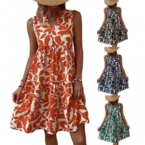 Fashion Floral Printed V-neck Sleeveless Mini Dress