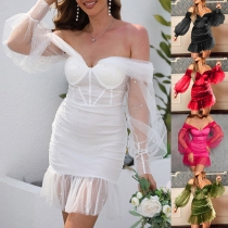 Sexy Strapless Gauze Spliced Lantern  Ruffled Henline Beaded Party Dress