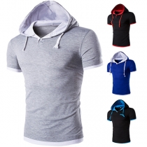 Fashion Contrast Color Short Sleeve Drawstring Hooded Shirt for Men