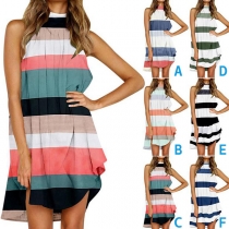 Fashion Contrast Color Stripe Printed Halterneck Sleeveless Dress