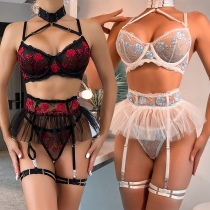 Sexy Floral Embroidery Gauze Spliced Ruffled Four-pieces Lingerie Set
