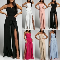 Street Fashion Solid Color V-neck Slit Wide-leg Jumpsuit