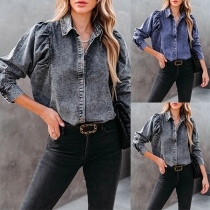 Street Fashion Old-washed Stand Collar Long Sleeve Buttoned Denim Shirt