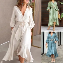 Fashion Solid Color Stand Collar V-neck Long Sleeve Ruffled Hemline Dress with Belt