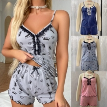 Casual Lace Spliced Printed V-neck Two-piece Loungewear Set