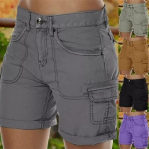 Women's High-waisted Cargo Shorts with Side Pockets in Solid Color