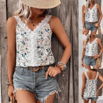 Fashion Floral Printed Lace Spliced Sleeveless Shirt