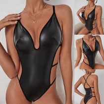 Sexy V-neck Cutout Backless Artificial Leather PU Lingerie Bodysuit