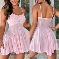 Sexy Semi-through Ruched Buttoned Pleated Nightwear Dress