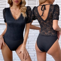 Sexy Lace V-neck Short Sleeve Backless Bodysuit