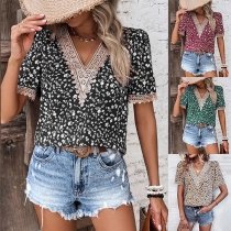 Fashion Lace Spliced V-neck Short Sleeve Floral Printed Shirt