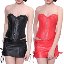 Sexy Solid Color Artificial Leather PU Corset Set Consist of Strapless Corset and Lace-up Skirt