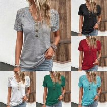 Fashion Lace Spliced V-neck Short Sleeve Shirt