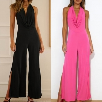 Sexy Solid Color Draped V-neck Halter  Backless Slit Wide-leg Jumpsuit
