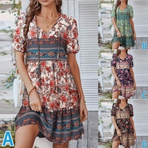Bohemia Style Floral Printed V-neck Short Sleeve Dress