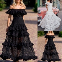 Fashion Sexy Ruffled Off-the-shoulder Tiered Lace Maxi Dress