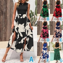 Fashion Contrast Color Floral Printed Round Neck Sleeveless Slit Dress