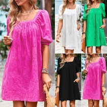 Casual Hollow-out Square Neck Short Sleeve Mini Dress with Side Pockets