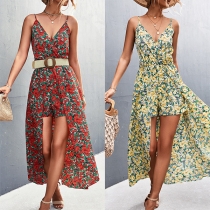 Fresh Style Floral Printed V-neck High-low Hemline Cami Romper