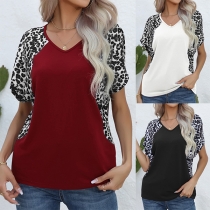 Casual Contrast Color Leopard Printed V-neck Short Sleeve Shirt