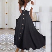 Fashion Contrast Color V-neck Open-shoulder Buttoned Midi Dress