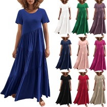 Casual Solid Color Round Neck Short Sleeve Tiered Dress