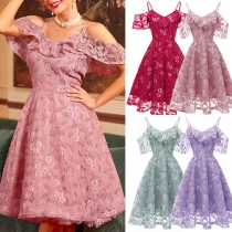 Elegant Ruffled Open-shoulder Lace Slip Dress