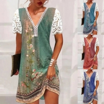 Bohemia Style Floral Printed Lace Spliced V-neck Short Sleeve Mini Dress