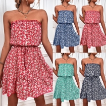 Bohemian Style Floral Printed Strapless Drawstring Mini Dress