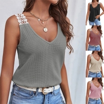 Casual Lace Spliced V-neck Sleeveless Shirt