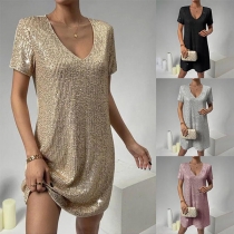 Fashion Bling-bling Sequined V-neck Short Sleeve Mini Dress