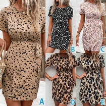 Fashion Printed Round Neck Short Sleeve Self-tie Mini Dress