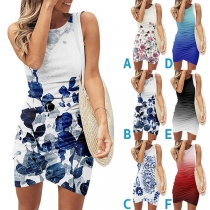 Street Fashion Printed/Gradient Color Round Neck Sleeveless Irregular Hemline Bodycon Dress