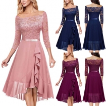 Elegant Lace Spliced Chiffon Off-the-shoulder Elbow Sleeve Ruffled Dress