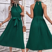Fashion Solid Color Halter-neck Sleeveless Self-tie Pleated Dress