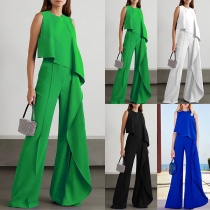 Street Fashion Solid Color Round Neck Sleeveless Ruffled Wide-leg Fake-Two-piece Jumpsuit