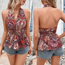Bohemia Style Halterneck Backless V-neck Smocked Waist Shirt