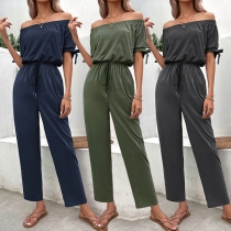 Street Fashion Solid Color Off-the-shoulder Short Sleeve Drawstring Jumpsuit