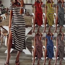 Casual Contrast Color Stripe Printed V-neck Short Sleeve Slit Dress