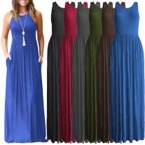 Fashion Solid Color Round Neck Sleeveless Maxi Dress