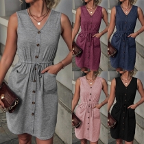 Casual Solid Color Buttoned V-neck Drawstring Sleeveless Mini Dress