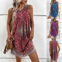 Retro Style Floral Printed Round Neck Sleeveless Mini Dress